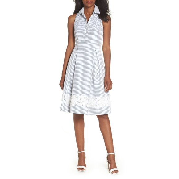 New Eliza J sz 6 Halter Shirtdress Flared Striped Floral Embroidery Womens NWT